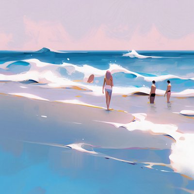 Gente en la playa Acuarela minimalista con olas, Decoración de pared en venta de F. Abderrahim