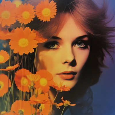 Retrato de mujer y flores vintage, Una visión floral retro, impresiones artísticas online de F. Abderrahim