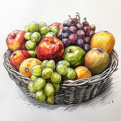 una cesta de fruta, dibujo sencillo de bodegón, impresiones murales por encargo de F. Abderrahim