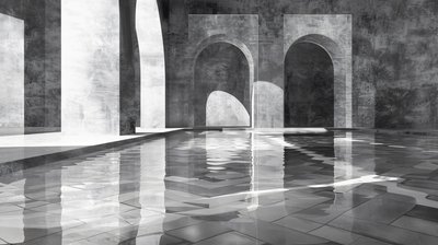 Arcos y puertas en un palacio de mármol, arquitectura, Blanco y negro, impresiones murales de F. Abderrahim