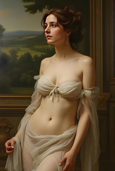 Hermosa mujer de pelo chatain en cuerpo entero, Afrodita pintura realista, ideas de decoración de pared de F. Abderrahim