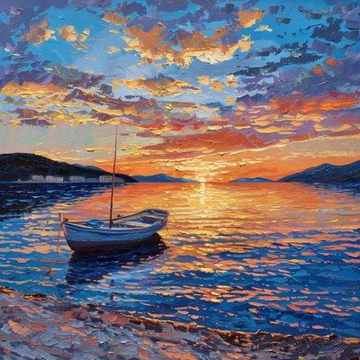 Barco en el río al atardecer Hermosa, Dalmacia, Croacia Óleo sobre lienzo, decoración de la pared para la venta de F. Abderrahim