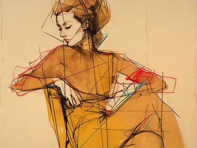 Ilustración de moda y dibujo de una mujer sentada, Retrato con elegante vestido marrón, impresiones artísticas de F. Abderrahim