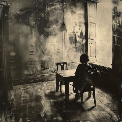 Chica sentada sola en una habitación oscura con tristeza, decoración de pared para dormitorio de F. Abderrahim