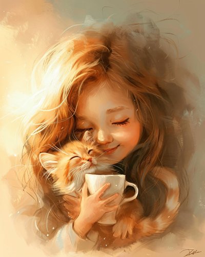 La niña, su gato y el amor por el buen café, decoración de pared enmarcada de F. Abderrahim