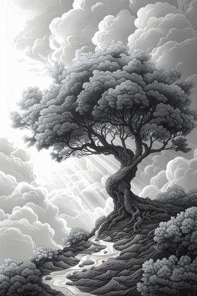 Majestuosa formación rocosa, portal natural, dramática tormenta y árbol, decoración de pared enmarcada, de F. Abderrahim
