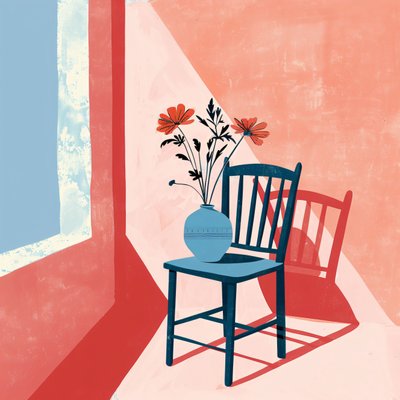 planta, silla y jarrón de cerámica, estilo bohemio, decoración de pared moderna | impresión bajo demanda de F. Abderrahim