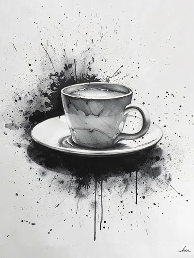Escena Noir minimalista de una sola línea con toques de café, impresiones artísticas en línea de F. Abderrahim