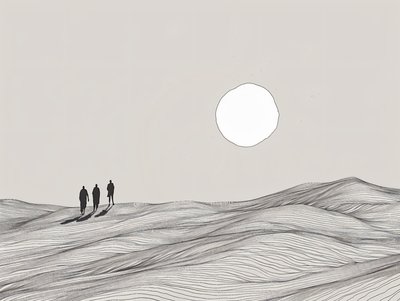 Dibujo minimalista, Hombres caminando en una procesión del sol del desierto, impresiones artísticas en línea de F. Abderrahim