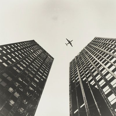 Avión volando a través de dos torres, la fotografía con y negro, impresiones de arte de la pared en la demanda de F. Abderrahim