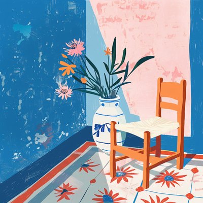 Plantas y silla mexicana con jarrón de cerámica, Impresiones en lienzo minimalistas de F. Abderrahim