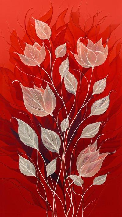 Plantas y flores dibujadas en blanco sobre fondo rojo, decoración de pared y reproducciones en lienzo de F. Abderrahim