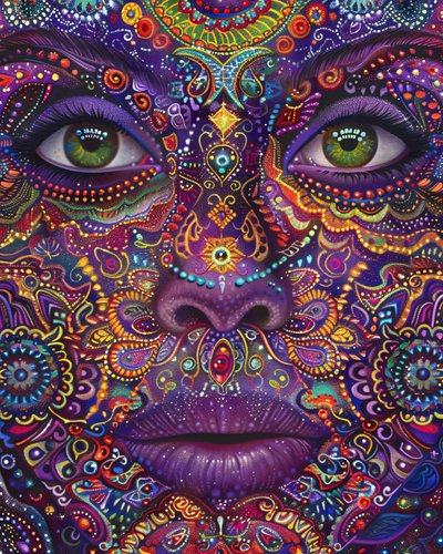 Mujer Psicodélica con Rostro Colorido Patrones Espirituales y Mandala, impresiones en lienzo de F. Abderrahim
