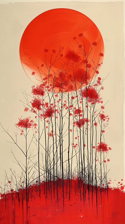 Puesta de sol en una colina de flores rojas pintura, pared vertical Decoración para la venta de F. Abderrahim