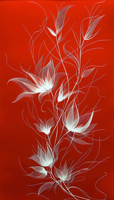 Línea blanca de plantas y flores sobre un fondo rojo vivo, decoración de pared de F. Abderrahim