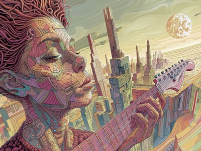 Joven tocando música en una escena futurista surrealista, enmarcar impresiones de decoración de pared de F. Abderrahim