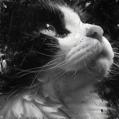 Esbozo minimalista en blanco y negro ampliado de la cara de un gato, impresiones decorativas de pared de F. Abderrahim