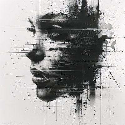 Retrato ampliado del boceto de la cara de una mujer minimalista en blanco y negro de F. Abderrahim