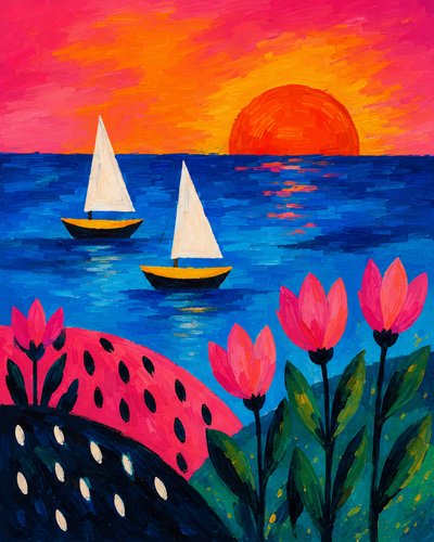 Puesta de sol sobre un mar de flores de Nomi Morina