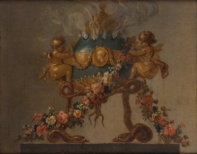 Quemador de perfume sostenido por amorini y serpientes y adornado con flores, siglo XVIII de 18th century . French Painter