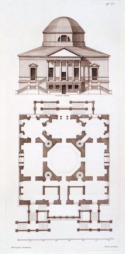 Plano y elevación de Chiswick House, grabado por Herisset, c.1720s de 3rd Earl of Burlington