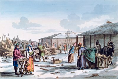 Mercado de carne durante el invierno, Rusia, 1821 de AC Houbigaot