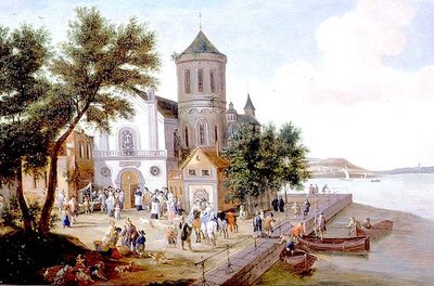 Paisaje costero con figuras en una plaza de iglesia de A.F. and Bouts P. Boudewyns