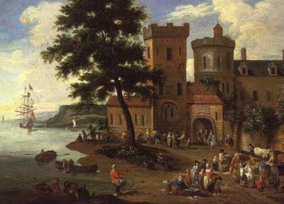 Pescadores descargando su captura y caballeros partiendo de una casa señorial de A.F. and Bouts P. Boudewyns