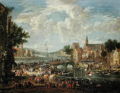 Gente del pueblo en la orilla del río de A.F. and Bouts, P. Boudewyns