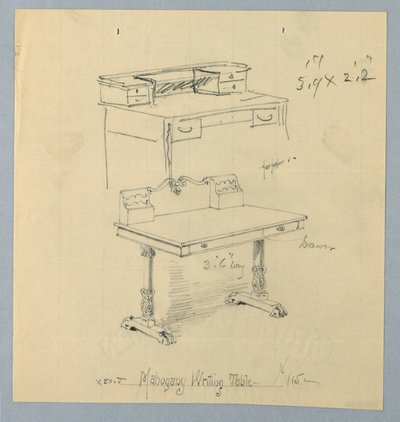 Diseño y boceto para "Mesa de escritura de caoba" de A.N. Davenport Co.