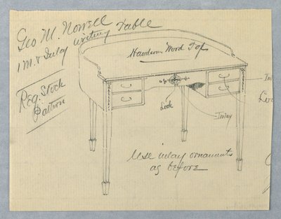 Diseño para mesa de escritura con incrustaciones de caoba para George M. Nowell de A.N. Davenport Co.
