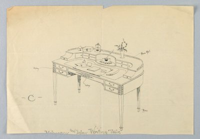 Diseño para mesa de escritura semicircular "C" con patas de latón y barandilla de latón de A.N. Davenport Co.