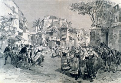 La escena final de Cavalleria rusticana, ópera de Mascagni, en el teatro alla Scala en 1891 de A. (after) Bonamore