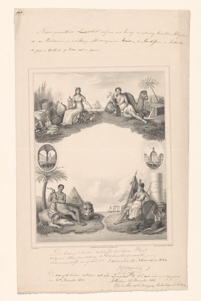 Diseño de portada con personificaciones de cuatro continentes de A. Bakker