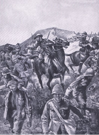 Prisioneros británicos interpuestos como pantalla mientras los bóers retiraban un cañón naval, de Después de Pretoria: La Guerra de Guerrillas publicado por Harmsworth Bros Limited, 1901 de A. C. Ball