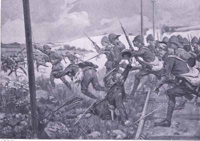 Carga de los fusileros escoceses en Frederikstad (ilustración de After Pretoria: The Guerilla War, 1902) de A. C. Ball