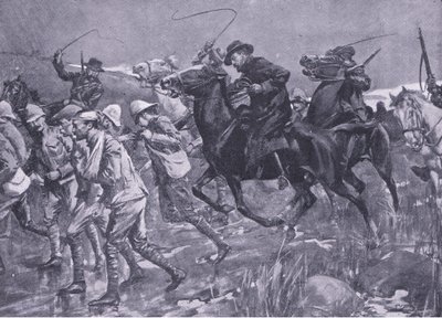 El trato de De Wet a los prisioneros de guerra británicos en la marcha (ilustración de After Pretoria: The Guerilla War, 1902) de A. C. Ball