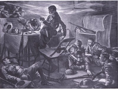 El asesinato de dos hombres de Comptons Horse mientras escribían cartas a casa (ilustración de After Pretoria: The Guerilla War, 1902) de A. C. Ball