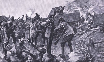 El descarrilamiento del tren cerca de Taaibosch, de Después de Pretoria: La Guerra de Guerrillas publicado por Harmsworth Bros Limited, 1901 de A. C. Ball