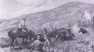 Dificultades de transporte en Barberton: Cómo se subieron los cañones y los carros por las montañas, ilustración de Después de Pretoria: La Guerra de Guerrillas, 1902 de A. C. Ball