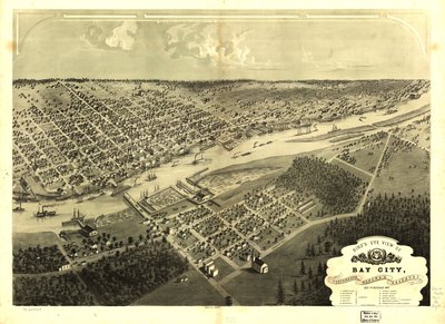 Vista aérea de Bay City, Portsmouth, Wenona y Salzburg, Bay Co., Michigan 1867. LOC 73693424 de A.; Chicago Lithographing Co. Ruger