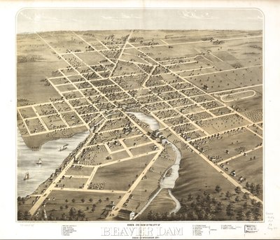Vista de pájaro de la ciudad de Beaver Dam, Dodge Co., Wisconsin 1867. LOC 73694535 de A.; Chicago Lithographing Co. Ruger
