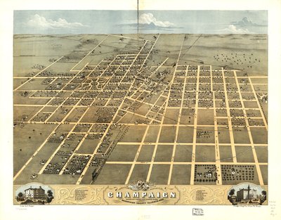 Vista aérea de la ciudad de Champaign, condado de Champaign, Illinois 1869. LOC 73693348 de A.; Chicago Lithographing Co. Ruger
