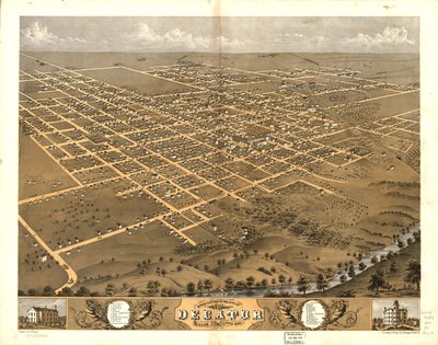 Vista aérea de la ciudad de Decatur, condado de Macon, Illinois 1869. LOC 73693354 de A.; Chicago Lithographing Co. Ruger