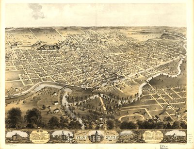 Vista aérea de la ciudad de Fort Wayne, Indiana 1868. LOC 73693381 de A.; Chicago Lithographing Co. Ruger