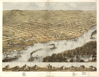 Vista aérea de la ciudad de La Crosse, Wisconsin 1867. LOC 73694545 de A.; Chicago Lithographing Co. Ruger