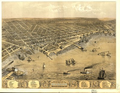 Vista de pájaro de la ciudad de Muskegon, Condado de Muskegon, Michigan 1868. de A.; Chicago Lithographing Co. Ruger