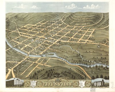 Vista aérea de la ciudad de Titusville, condado de Crawford, Pensilvania 1871. LOC 73694524 de A.; Chicago Lithographing Co. Ruger