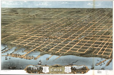 Vista de pájaro de la ciudad de Erie, Condado de Erie, Pensilvania 1870. de A. Chicago Lithographing Co. Ruger and Stoner Ruger
