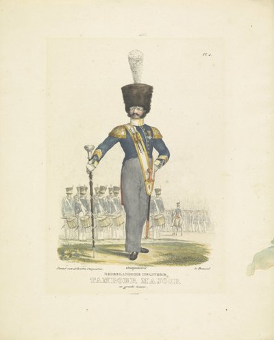 Tambor mayor en uniforme completo Tambor mayor con uniforme completo, 1820-1825 infantería holandesa. Drum Major en gran uniforme (título sobre objeto) Trajes militares del Reino de los Países Bajos. Dedicado a Su Excelencia Willem van Bylandt (serie de A. Courtois